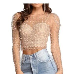 Womens Pearl Sheer Mesh Beaded Mesh Crop Top Long Sleeve NWT Size Medium